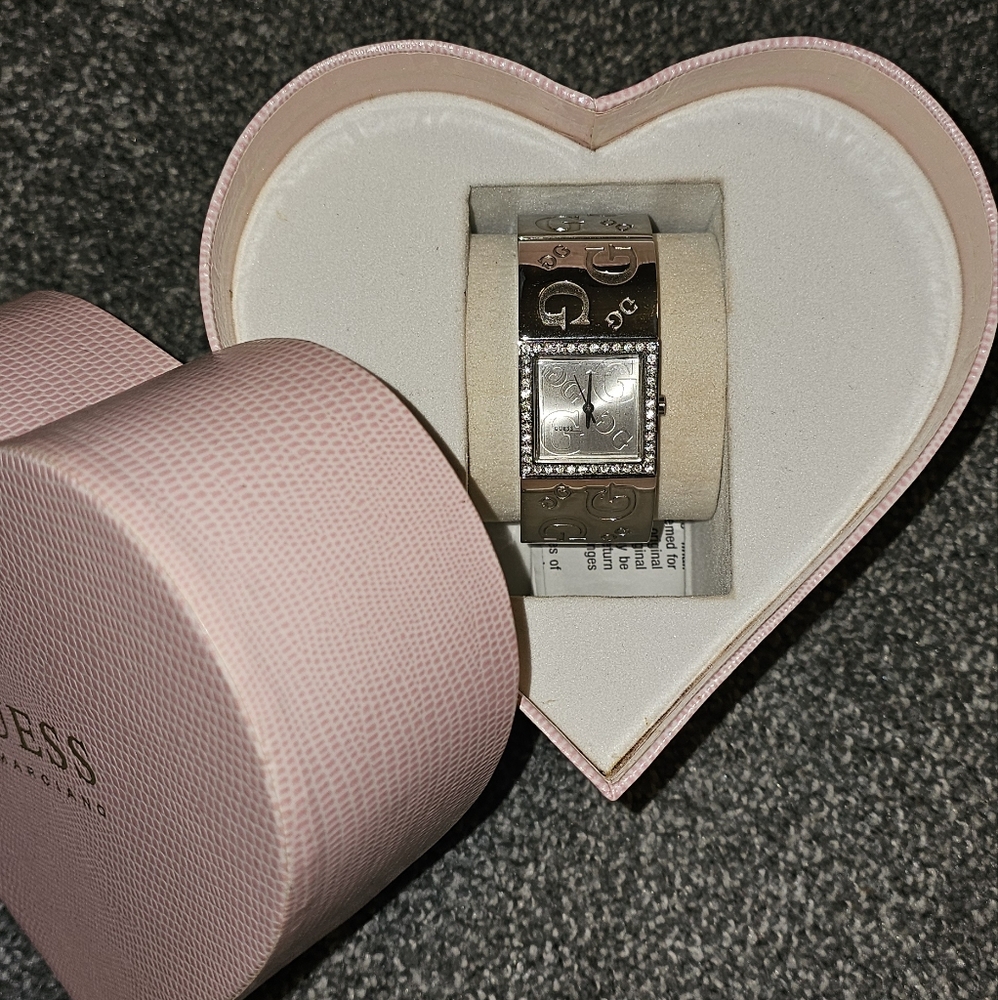 Silver Guess Square Flex Bangle Watch w/ Swarovski Crystals